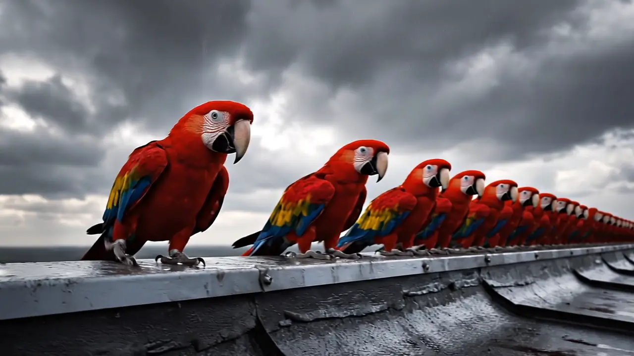 Des perroquets rouges alignés sur le toit d’un bâtiment, sous un ciel d’orage