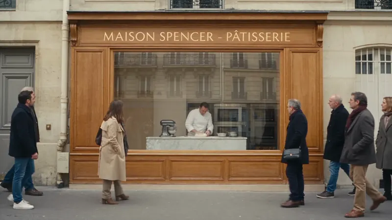 Le pâtissier travaille en vitrine, une passante s’arrête pour regarder